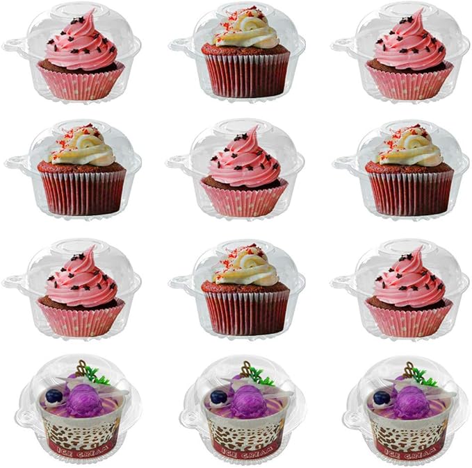 i-CHONY Individual Cupcake Container - 100pcs Cupcake Holder Plastic Disposable Clear Dome Single Cupcake Carrier Holder Muffin Individual Small Container Cases Box Cups