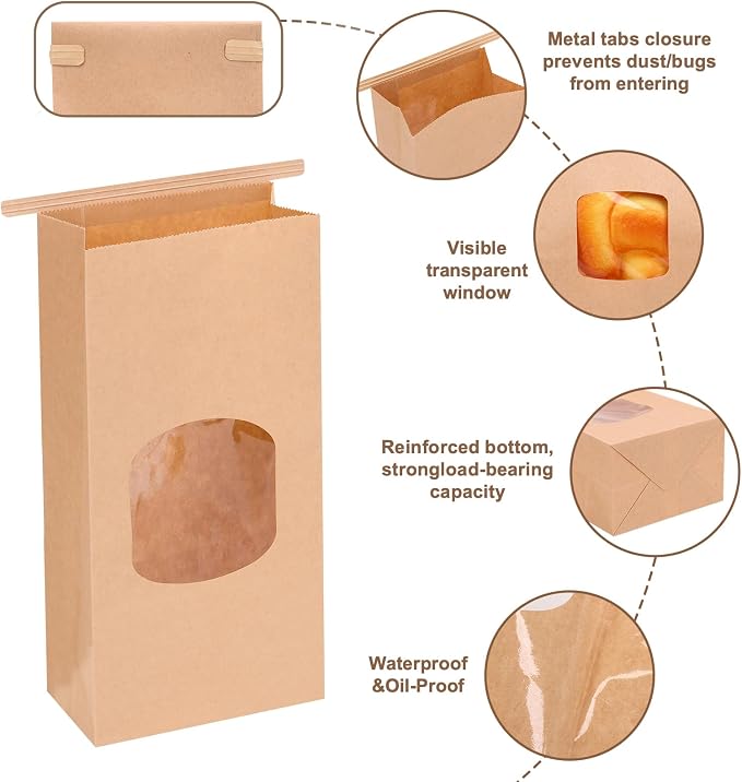 Moretoes Cookie Bags with Seal 55pcs 4.65x2.6x9.72in, Seal by Tin Tie Tab, Medium Brown Kraft Paper Bakery Bags with Window for Cookie Coffee Treat Bread Bagel Pastry Bakery Gift Giving Packing