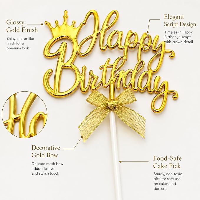 Gold Acrylic Happy Birthday Cake Topper with Crown and Bow | Glossy gold acrylic script with crown and bow adds an elegant finishing touch to birthday cakes and celebration desserts.