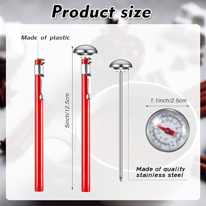 Xuhal 12 Pcs Stainless Steel Kitchen Thermometer with 5 Inch Long Stem 1 Inch Dial Thermometer Milk Frothing Food for Oven Probe Meat Grill BBQ Cooking Chocolate Water (Red)