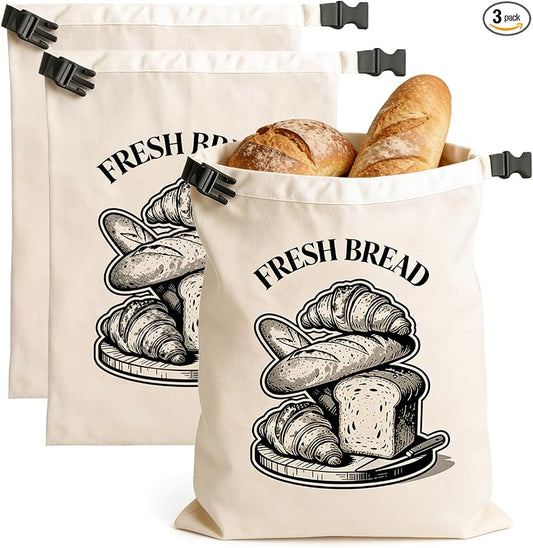 3 Pcs Reusable Bread Bag for Homemade Bread, 17x13 ‘’ XL Linen Cotton Sourdough Bread Storage Bags with TPU Lining, Kitchen Essentials Sourdough Bag with Roll-top Buckle to Keep Fresh Longer