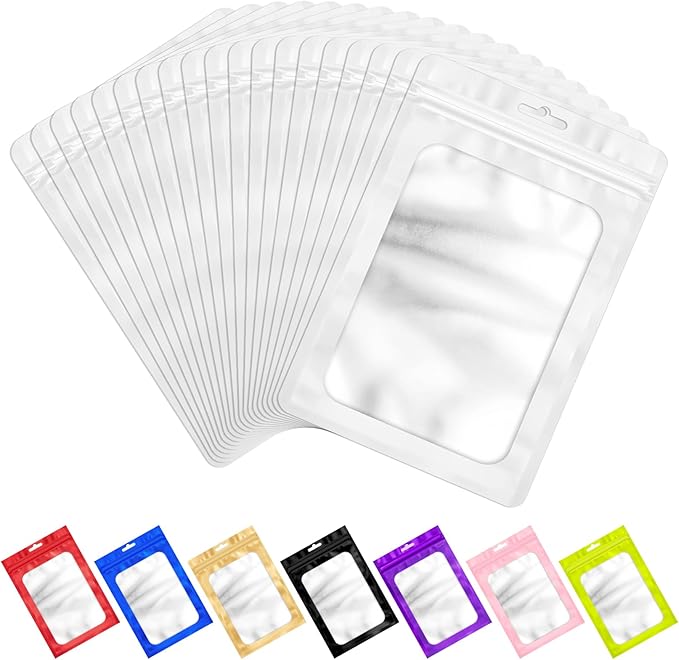 ANZNKU 100 PCS Resealable Mylar Bags with Frosted Clear Window Bags Packaging Bag Foil Pouch Zipper Bag for Food Self Sealing Storage Supplies (7.08x10.24, White)