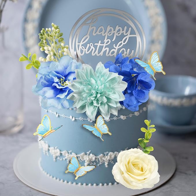 19 PCS Flower Cake Toppers Butterfly Cake Decorations Happy Birthday Cake Toppers with Artificial Blue Rose Flowers Eucalyptus Butterflies for Girls Birthday Party Wedding Baby Shower Supplies (Blue)