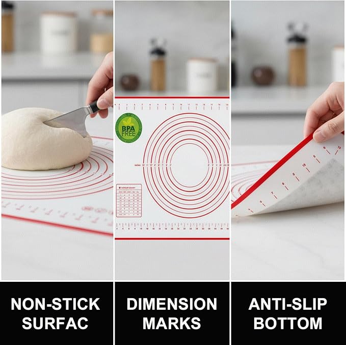 Rolling Pin and Silicone Baking Mat Set, Non-Stick Beech Wood Rolling Pin 15.7 Inch and Pastry Mat(40cm*60cm) for Best Pie Crust, Cookie, Pasta and Pizza Dough