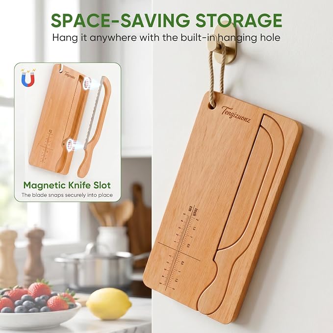 Upgraded Bread Knife and Board Set-Adjustable Thickness Bread Slicer for Homemade & Sourdough with Scale Line Serrated Stainless Steel Blade, Magnetic Storage Perfect for Artisan Bakers