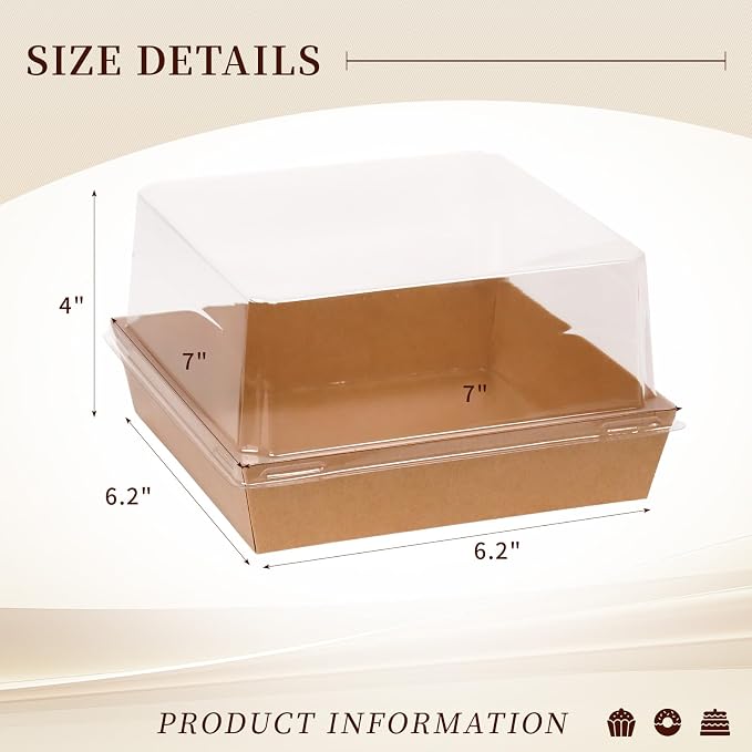 7 x 7 x 4 Inches Paper Cake Boxes with Clear Lids, 50 Pack Brown Charcuterie Boxes Large Square Food Containers, Disposable Bakery Boxes for Valentine's Day 4-6 Inch Bundt Cake, Pie, Dessert