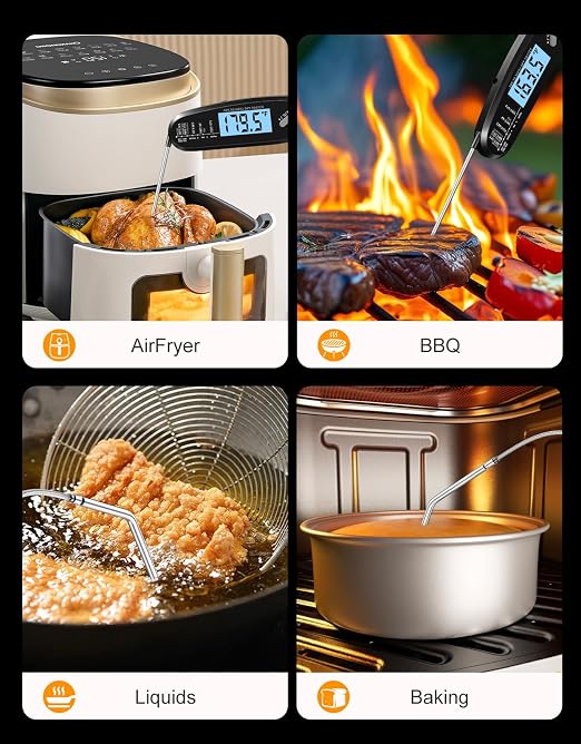 Instant Read Meat Thermometer Digital with Dual Probe, Food Thermometer for Cooking & Grilling, Large Backlit & Calibration, Grill Thermometer for Outside/Kitchen/Oven/Smoker/BBQ, Bakeware