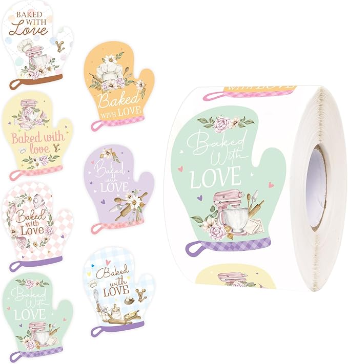 WorldBazaar Baked with Love Stickers 500pcs Oven Mitt Homemade with Love Stickers Baked Cookies Goods Packing and Wrapping Labels Business Birthday Wedding Baby Shower Christmas Party Supplies