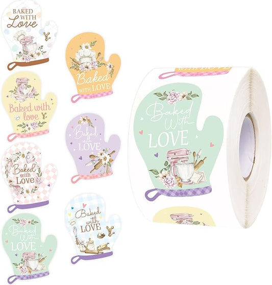 WorldBazaar Baked with Love Stickers 500pcs Oven Mitt Homemade with Love Stickers Baked Cookies Goods Packing and Wrapping Labels Business Birthday Wedding Baby Shower Christmas Party Supplies
