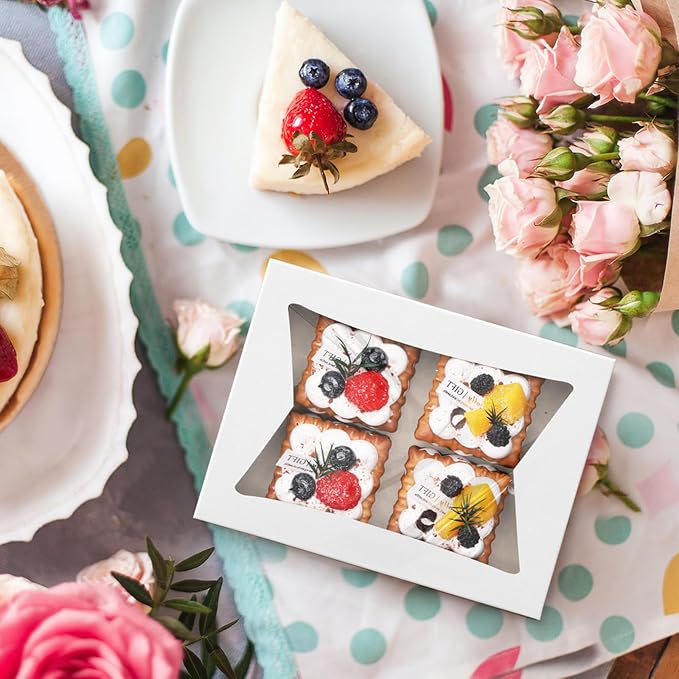 Eupako Cookie-Boxes-with-Window-8x6x2.5-Inhces-25pcs-Auto-Popup-White-Treat-Boxes for Bakery, Donuts, Candy, Pastry, Cupcakes, Biscuits, Chocolate Strawberries