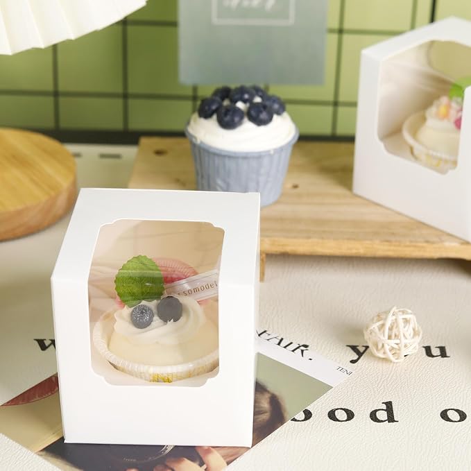 NPLUX 50 Pcs Cupcake Boxes Individual Cupcake Containers Pre-Assembled Single Cupcake Boxes 3.5"x3.5"x3.5" with 50 Pcs Inserts for Cupcakes Muffins Party Favors(White)