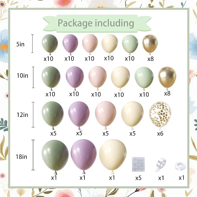 152Pcs Dusty Green Purple Pink Balloon Arch Garland Kit, Blush Pink Lavender Pastel Yellow Mist Green Gold Confetti Balloons for Baby Shower Wedding Engagement Birthday Party Decorations
