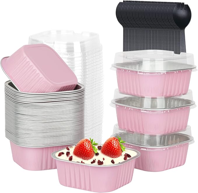 LNYZQUS Mini Cake Pans with Lids and Spoons,10oz Disposable Small Foil Baking Tins,40 Pack Individual Cake Containers for Home Bakers Bake Sales-Pink,4x4 Square