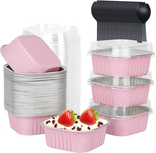 LNYZQUS Mini Cake Pans with Lids and Spoons,10oz Disposable Small Foil Baking Tins,40 Pack Individual Cake Containers for Home Bakers Bake Sales-Pink,4x4 Square