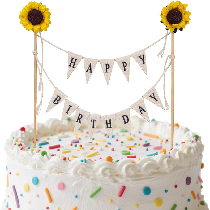 Happy Birthday Flag Banner Cake Topper, Handmade Pennant & Sunflower Garland Birthday Cake Flag Decoration for Party Decorations Supplies