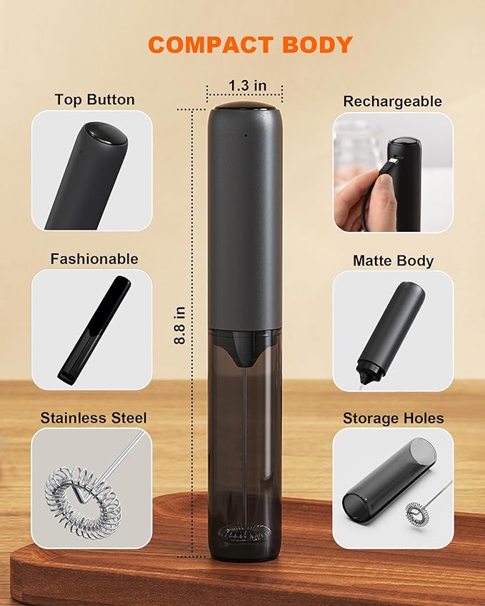 Rechargeable Milk Frother Handheld with Cover, Electric Drink Mixer with Stainless Steel Whisk - Portable Hand Frother Wand for Matcha Latte Cappuccino & Hot Chocolate, Single Speed