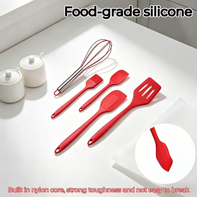 6-Piece Silicone Spatula Set, Heat Resistant Up to 230°C, Non-Scratch Non-Stick Cookware, Seamless One-Piece Design,with Pastry Brush for Baking Cooking Mixing (Red)