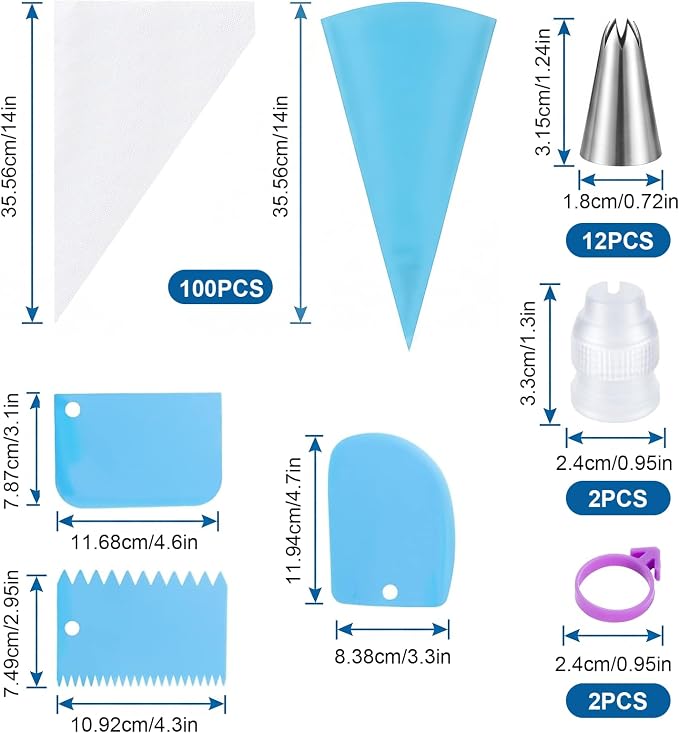 120 Pcs Piping Bags and Tips Set, 12 Inch Disposable Icing Pastry Bags, Cake Decorating Kit Baking Supplies with Reusable Piping Bag, Frosting Tips, Couplers & Scrapers