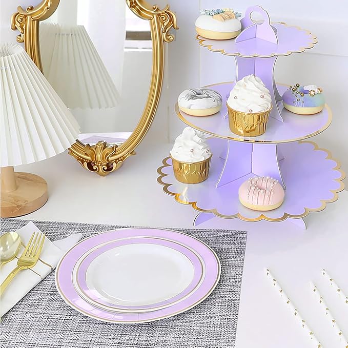 2 PACK Cardboard Cake Stand, 3 Tier Paper Dessert Round Cupcake Holder Tower Disposable Pastry Stand for Birthday, Afternoon Tea,Wedding Party Anniversary Christening Fruit Desserts Display…