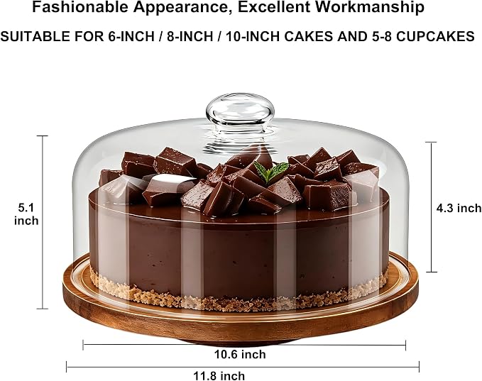 Rotating Acacia Wood Cake Stand with Dome Lid 11 inch Round Wooden Cake Display Plate with Cover for Wedding Birthday Party Kitchen Baking Gifts