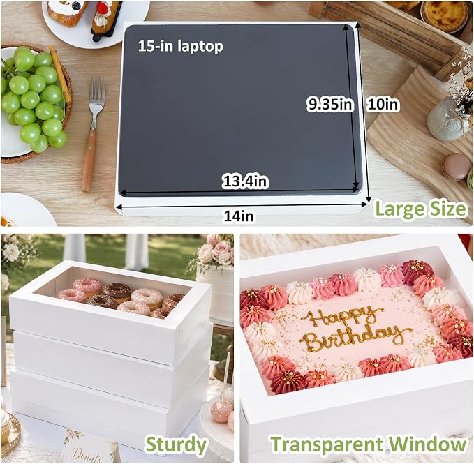 Moretoes 10pcs 14x10x4in Sheet Cake Boxes with Cake Board, White Rectangle Bakery Boxes with Window, for Quarter Sheet Cakes, Donuts, Cupcakes, Brownie&Pie