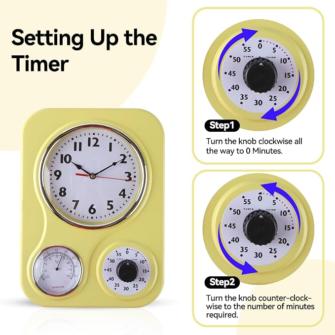 Lily's Home - 9 Inch x 12.5 Inch - Retro Kitchen Wall Clock, Vintage Wall Clock with a Thermometer and 60-Minute Timer, Ideal for Any Kitchen, Office, or Diner (Yellow)