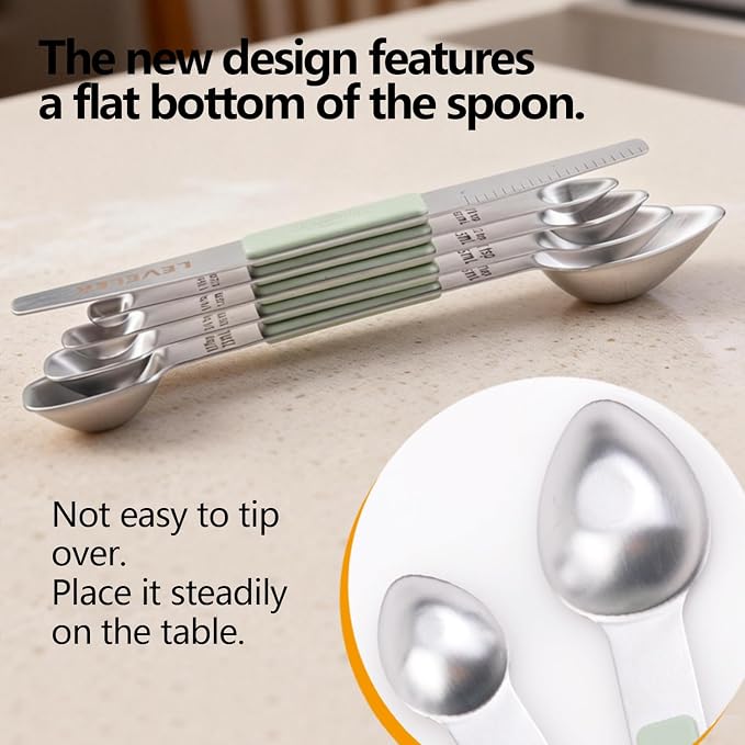 Stainless Steel Magnetic Measuring Spoons Set, Heavy Duty Metal Kitchen Gadgets for Baking & Cooking, Fits in Most Kitchen Spice Jars, Set of 4 with Leveler (Mint green)