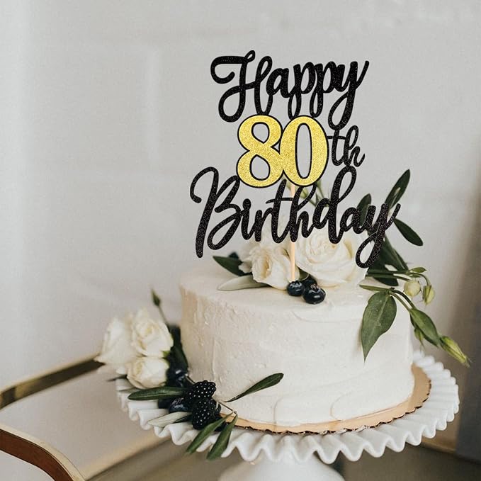 1 PCS Happy 80th Birthday Cake Topper Black Gold Glitter Cheers to 80 Years Birthday Cake Pick 80 Fabulous Cake Decoration for Happy 80th Birthday Anniversary Party Cake Decorations Supplies