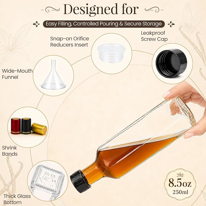 TBWIND 15 Pack 8.5oz (250ml) Vanilla Extract Bottles with Airtight Caps | Includes Shrink Bands, Labels & Funnels; Ideal for Vanilla Extract, Syrups, Infused Oils, Vinegars & Gifting