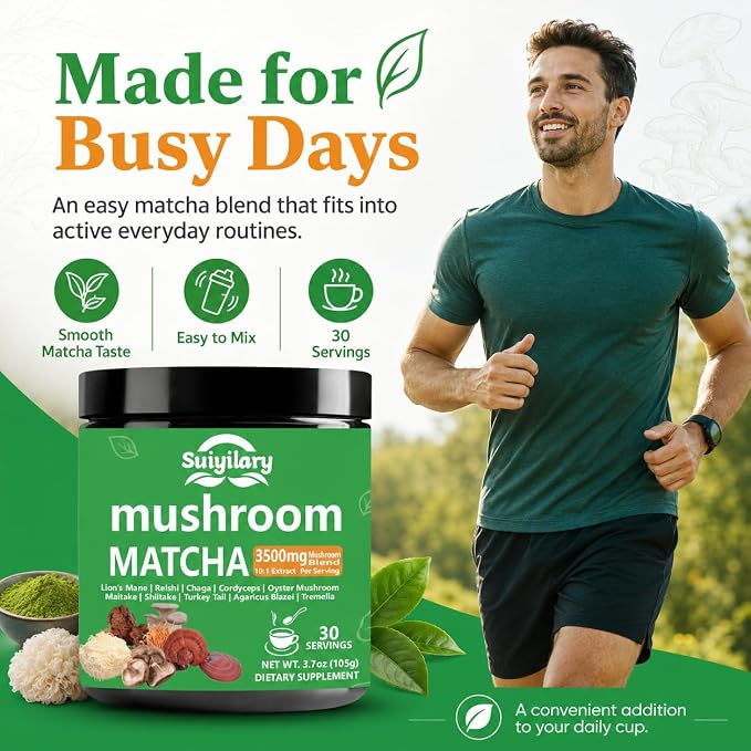 Suiyilary 10 Mushroom Matcha Powder with Lion's Mane, Reishi, Mushroom Polysaccharides & More, Japanese Ceremonial Matcha for Focus, Energy, Immunity Boost, Memory - 30 Serving