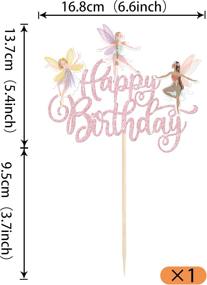 Rsstarxi 1 Pack Fairy Happy Birthday Cake Topper Glitter Garden Floral Fairies Cake Pick for Fairy Theme Happy Birthday Baby Shower Party Cake Decorations Supplies Pink