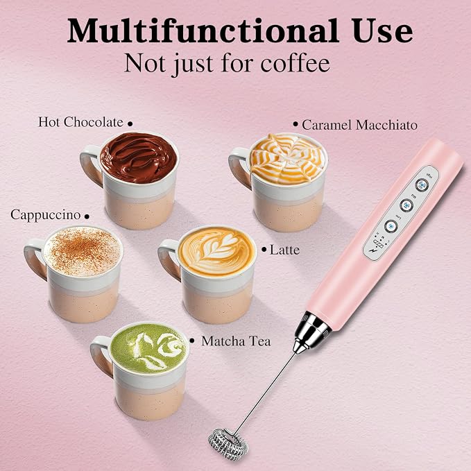 BSRGMS Milk Frother Handheld for Coffee, Electric Whisk 3 Speed Adjustable, Drink Mixer with Stainless 3 Whisks, Rechargeable Hand Frother Wand, Foam Maker for Latte Cappuccino Hot Chocolate Egg Pink