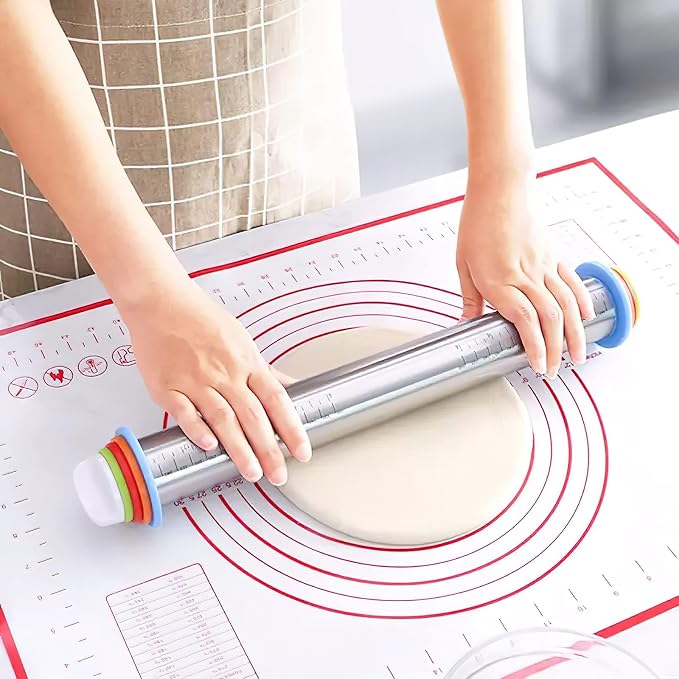 Stainless Steel Rolling Pin for Pizza, Burger Dough Roll - Baking Roller - With Thickness Controller. Adjustable Rolling Pin with Removable Rings 17"