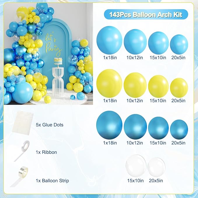 Cartoon Sponge Balloon Garland Arch Kit, 143Pcs Light Metallic Blue Yellow Clear Teal Balloons for Baby Shower Gender Reveal Birthday CartoonThemed Party Decorations