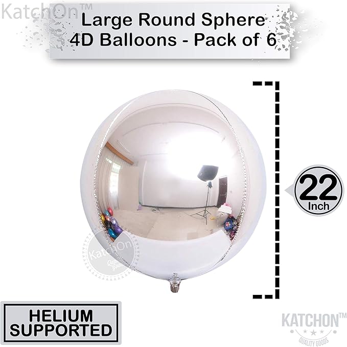 KatchOn, Large Metallic Silver Balloons - Pack of 6 | 4D Round Silver Foil Balloon for Birthday Decorations | Shiny Foil Balloons for Anniversary, Engagement, Bridal Shower, Ramadan Decorations