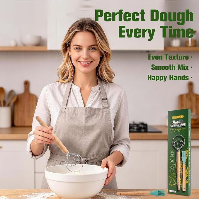 Danish Dough Whisk & Pastry Brush Set, 13-Inch Stainless Steel Sourdough Bread Tools with Long Wooden Handle, Heavy Duty Dutch Whisk for Bread, Pizza, Pastry & Sourdough Baking