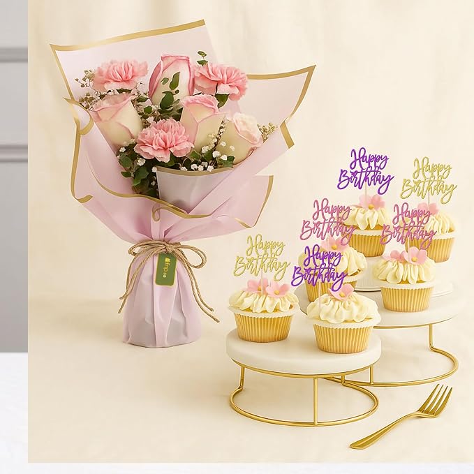 24 PCS Happy Birthday Cupcake Toppers Glitter Happy Birthday Cupcake Picks for Celebrating Anniversary Theme Party Cake Decorations Supplies Gold Purple Pink