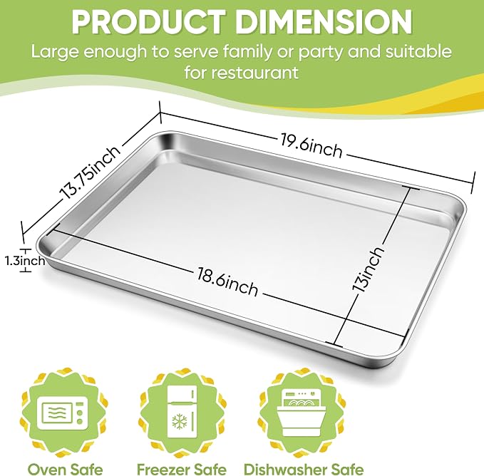 TeamFar Stainless Steel Baking Sheet, 20’’ x 14’’ Large Baking Sheet Pan Bakeware Set Cookie Sheets for Baking, Roasting, Cooking, Non Toxic, Mirror Finish & Dishwasher Safe