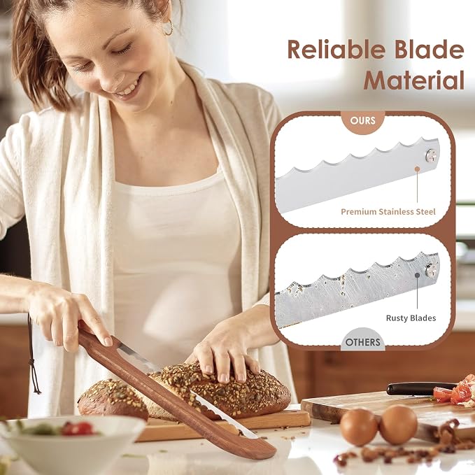 Bow Bread Knife for Homemade Sourdough, 15.7" Adjustable Stainless Steel Serrated Bread Slicer, Thickened Ergonomic Beech Wood Fiddle Bow Knife for Bagels, Baguettes and Cakes