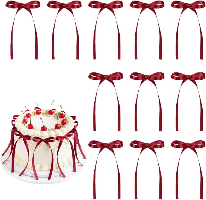 30 Pack Bow Cake Toppers Wine Red Ribbon Bows for Cake Burgundy Bow Cupcake Toppers Back to School Decorations Bow Birthday Decorations for Wedding, Baby Shower, Bachelorette Party, Bridal Shower
