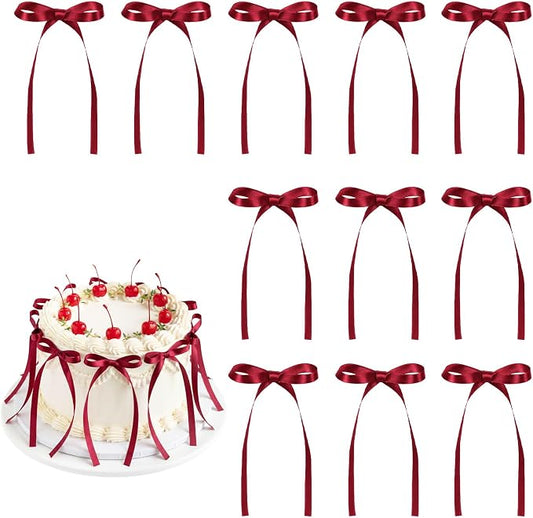 30 Pack Bow Cake Toppers Wine Red Ribbon Bows for Cake Burgundy Bow Cupcake Toppers Back to School Decorations Bow Birthday Decorations for Wedding, Baby Shower, Bachelorette Party, Bridal Shower
