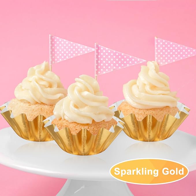 200 PCS Baking Cups Cupcake Liner Flared Muffin Wrappers (Gold+White) | Standard Greaseproof Coated Brioche Paper Cup for Wedding Birthday Holiday Party or Baby Shower