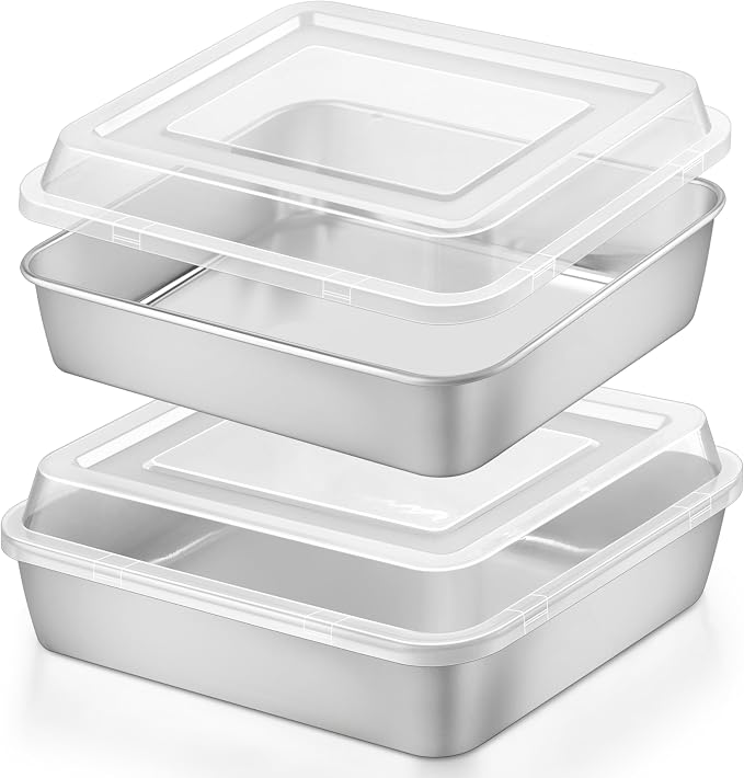 Herogo Baking Pan with Lid(2 Pans + 2 Lids), 9''x 9'' Stainless Steel Nonstick Square Deep Cake Pan, Rectangle Cakes Bakeware for Brownies Casseroles, Non Toxic & Dishwasher Safe, Set of 2