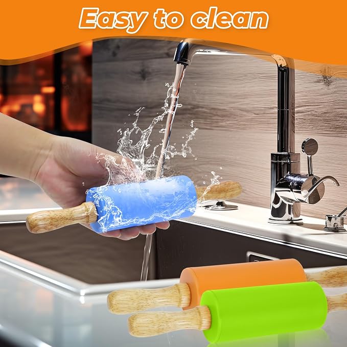 Mini Rolling Pin for Kids, 9 Inch Wooden Handle Rolling Pin Non-Stick Silicone Rolling Pins for Children Cake Baking