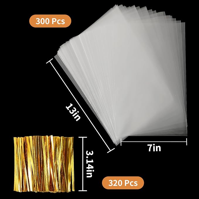 Cellophane Treat Bags, Augshy 300 Pcs 7x13 Inches Treat Cello Bags for lollipop with 320 Twist Ties,1.4 mils Thickness OPP Plastic Bags for Packaging Candies,Dessert,Bakery, Cookies, Chocolate