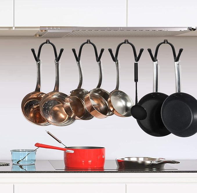 Adjustable Wrought Iron Wall Hook,Wall mounted pots and pans rack, Kitchen Cookware Hanging Organizer Hooks, Kitchen storage pot holder pot rack. Rolling pin Rack, W-type Flexible hook — 4/PK