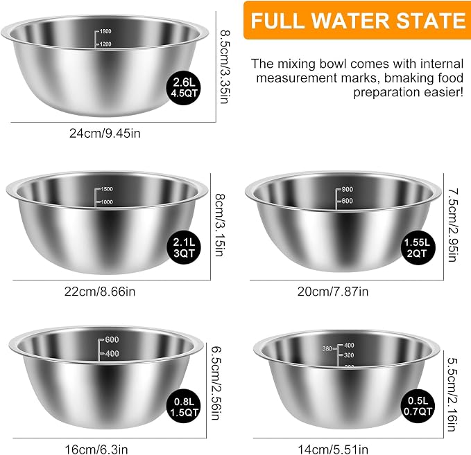 10 Pack Stainless Steel Bowls, Nesting Mixing Bowl Set with Scale Marks, 5 Different Size (4.5, 3,2,1.5,0.7QT) Baking Metal Mixing Bowls for Kitchen Food Prep Storage And Serving, Cooking, Baking (10)
