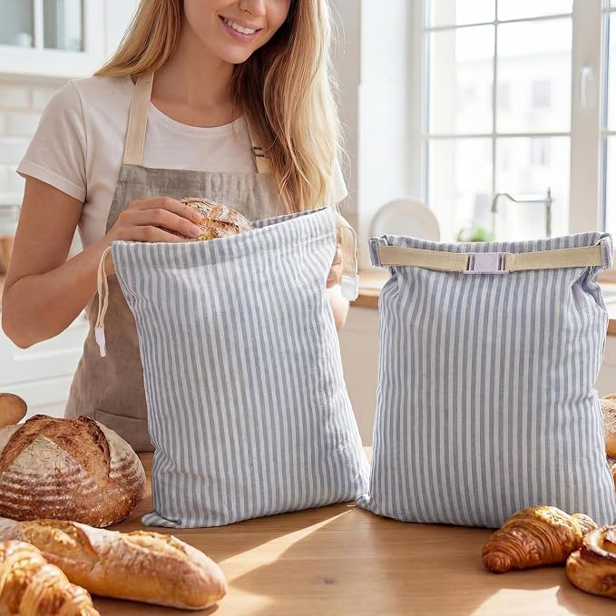 2 Pack Reusable Striped Bread Bags Set with Drawstring Cotton Linen Food Storage Bags for Homemade Bread & Sourdough 17"x 13" Lined Food Bag Cover Keep Loaves Fresh Longer(Blue Stripes)