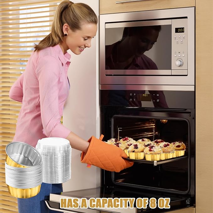 100 Pcs 8 oz Aluminum Foil Cup with Lids Disposable Ramekins with Lids Disposable Ramekin Baking Cups Foil Cupcake Containers for Wedding, Christmas, Kitchen, Party (Silver, Gold, 8 oz)