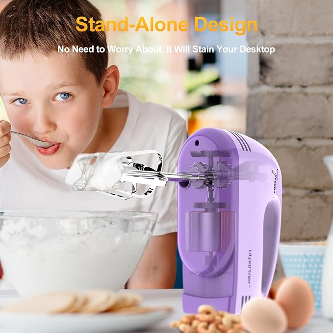 LILPARTNER Electric Hand Mixer with Storage Box, Ultra Power Kitchen Hand Mixer With 7-Speed & 5 Stainless Steel Accessories for Whipping Dough, Cream, Cake, Dishwasher Safe, PURPLE BOX